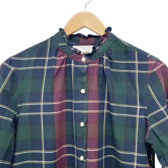 Trovata Birds of Paradis Caroline Ruffle Cuff Blouse Wine Navy Plaid Size Small - Picture 6 of 12